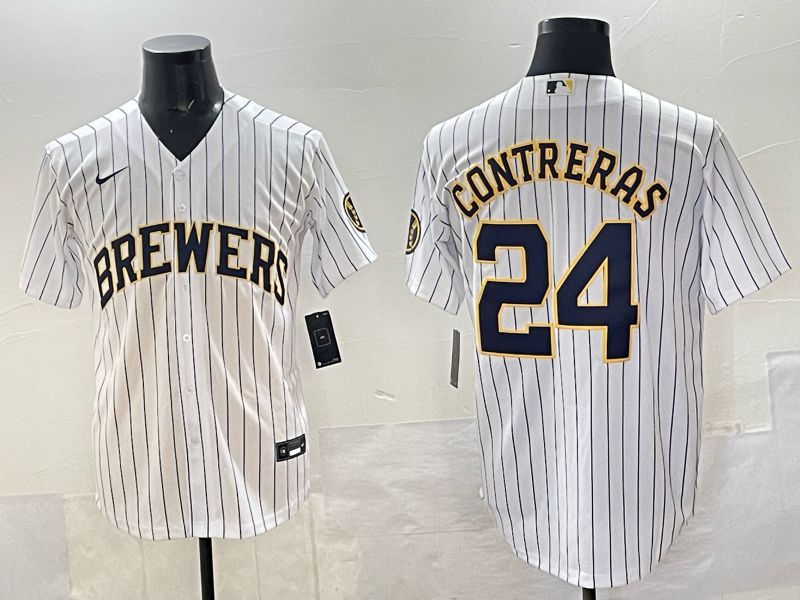 Men Milwaukee Brewers #24 Contreras White Stripe Nike MLB 2025 Jersey 01